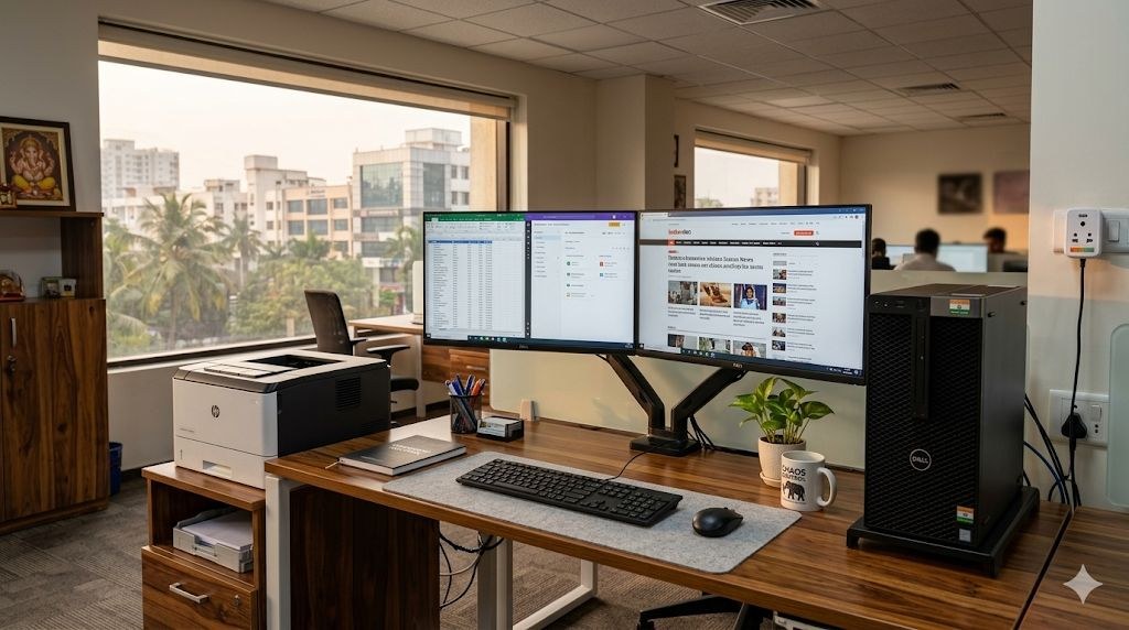 Dell computer desktop dual monitor HP printer India office